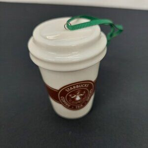 Starbucks 2016 Holiday Coffee Cup Ornament Green Ribbon Brown Logo Collection